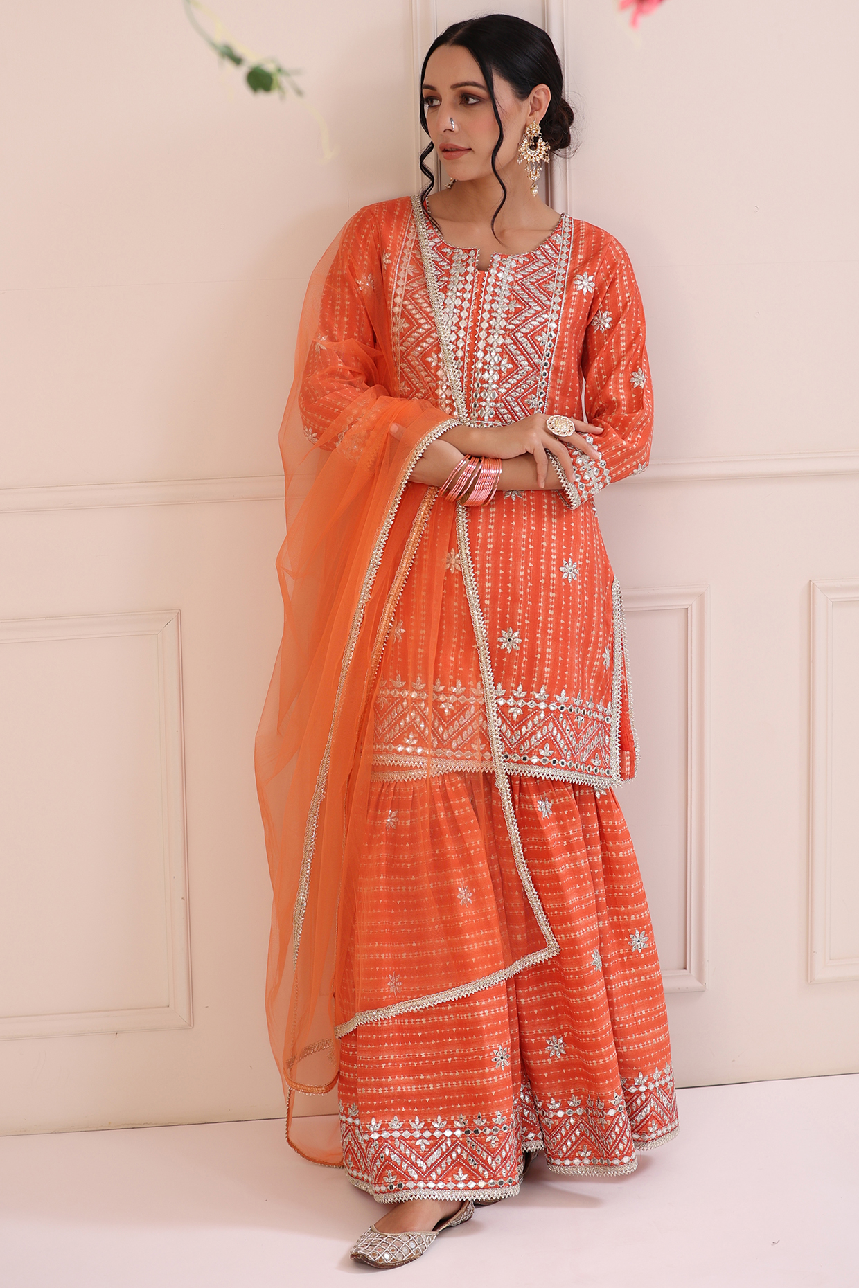 Orange Muslin Sharara Set by Bairaas