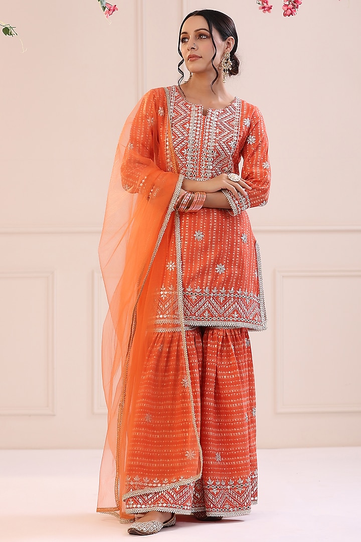 Orange Muslin Sharara Set by Bairaas at Pernia's Pop Up Shop