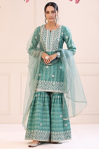 Turquoise Muslin Sharara Set by Bairaas