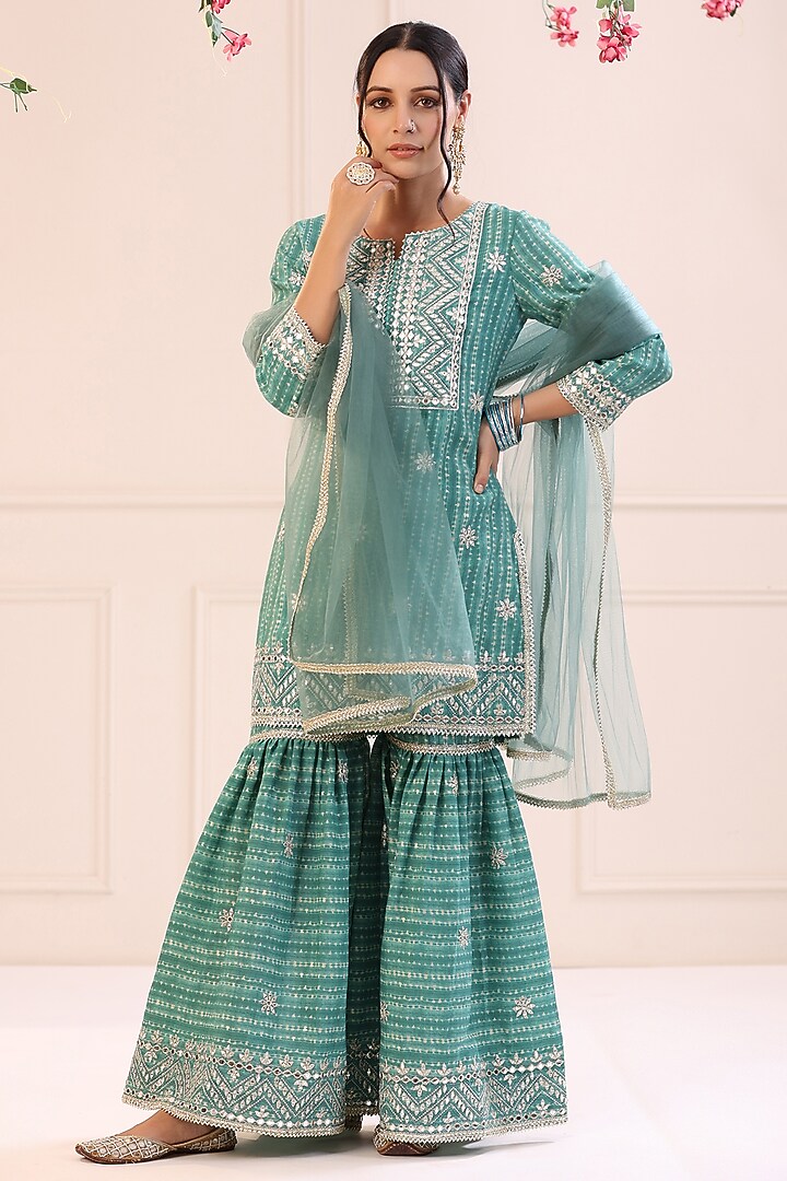 Turquoise Muslin Sharara Set by Bairaas at Pernia's Pop Up Shop