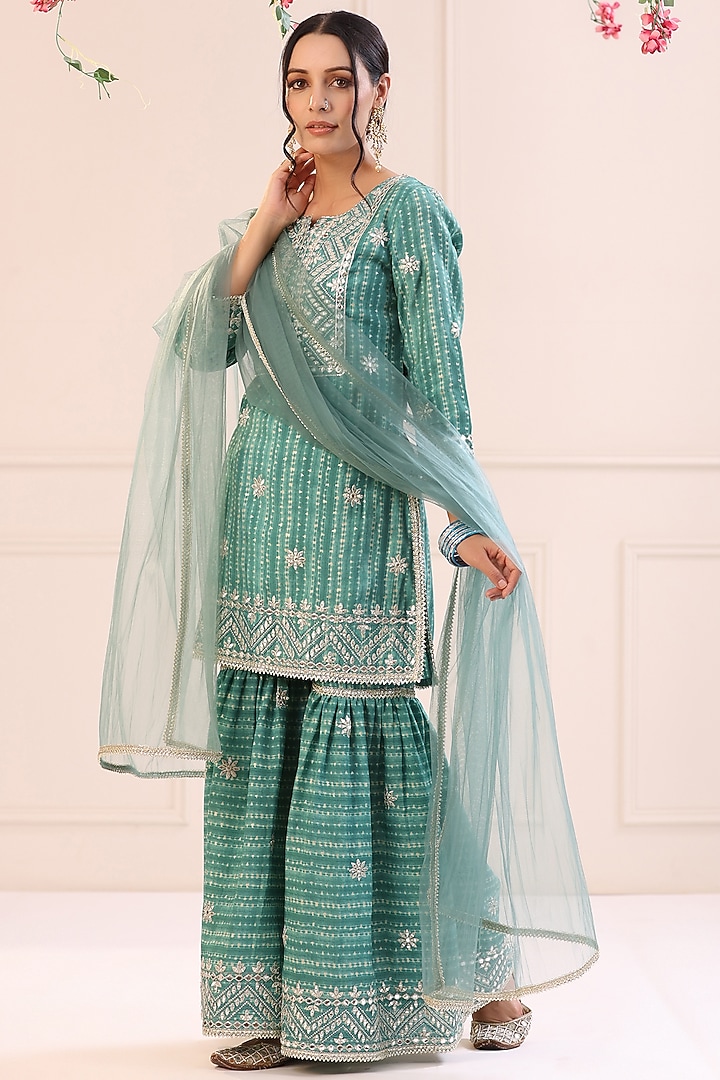 Turquoise Muslin Sharara Set by Bairaas at Pernia's Pop Up Shop