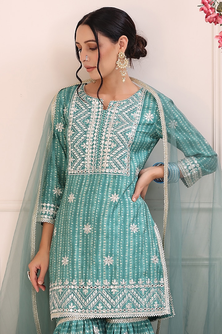 Turquoise Muslin Sharara Set by Bairaas at Pernia's Pop Up Shop