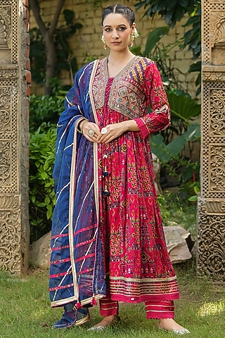 Magenta Muslin Printed & Embroidered Anarkali Set by Bairaas