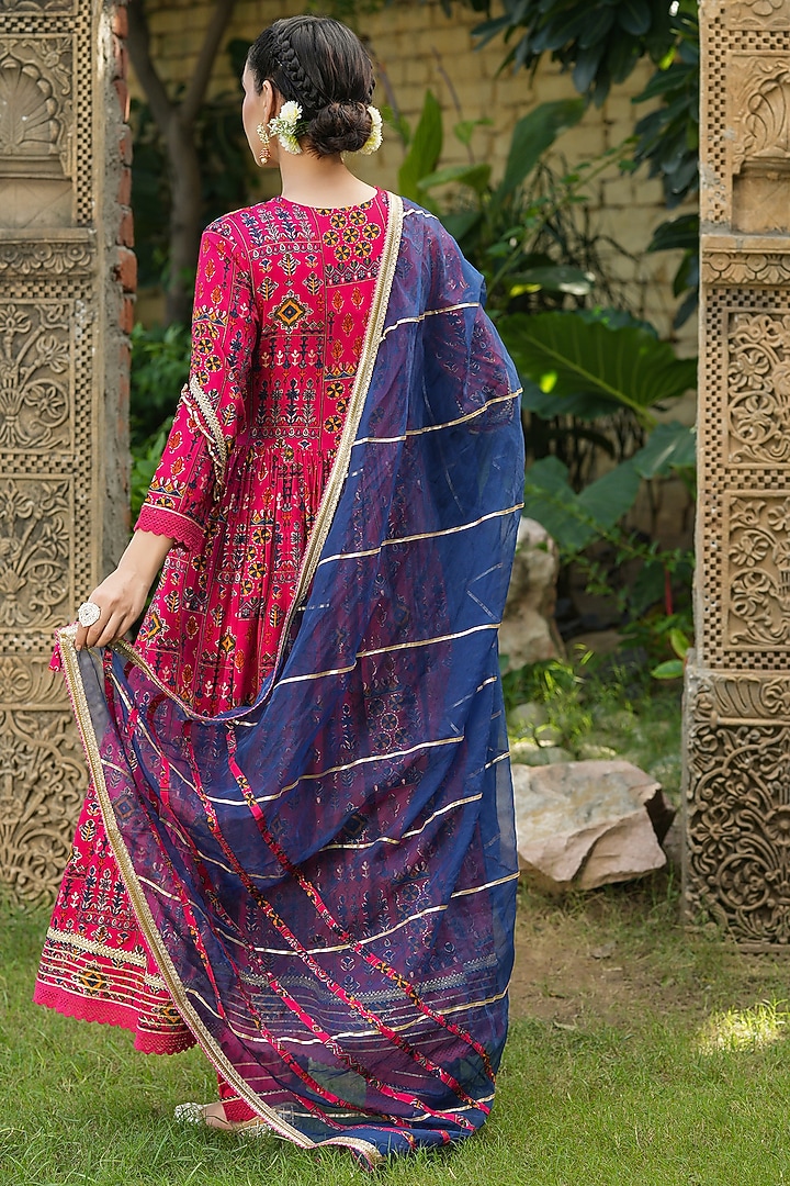 Magenta Muslin Printed & Embroidered Anarkali Set by Bairaas at Pernia's Pop Up Shop