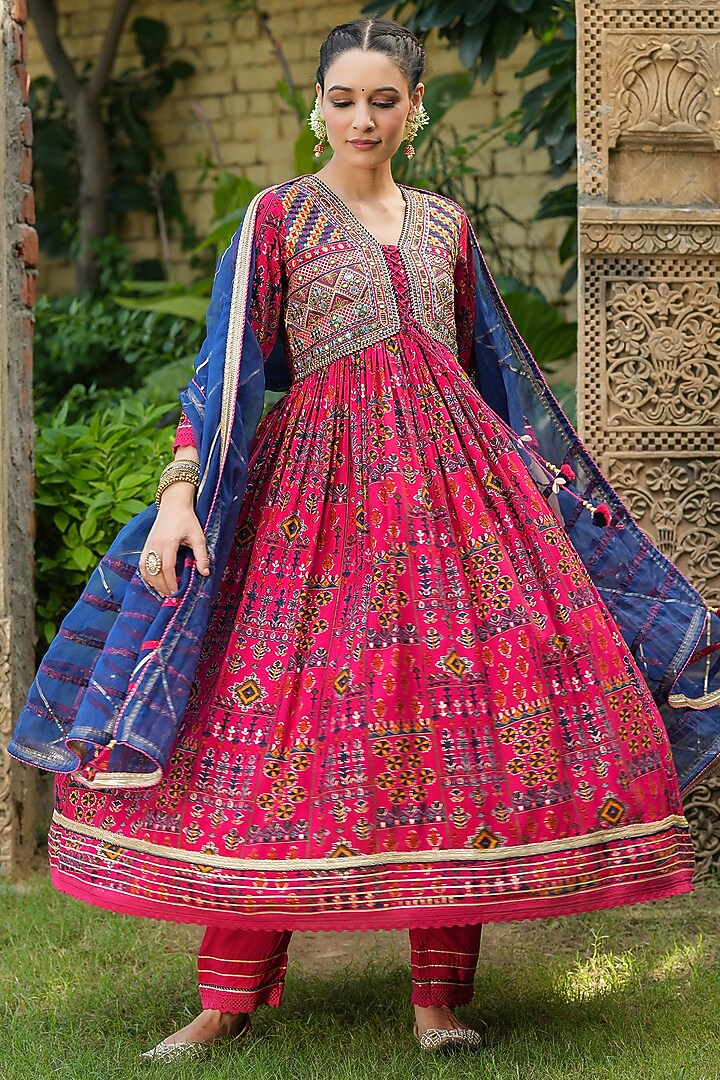 Magenta Muslin Printed & Embroidered Anarkali Set by Bairaas at Pernia's Pop Up Shop