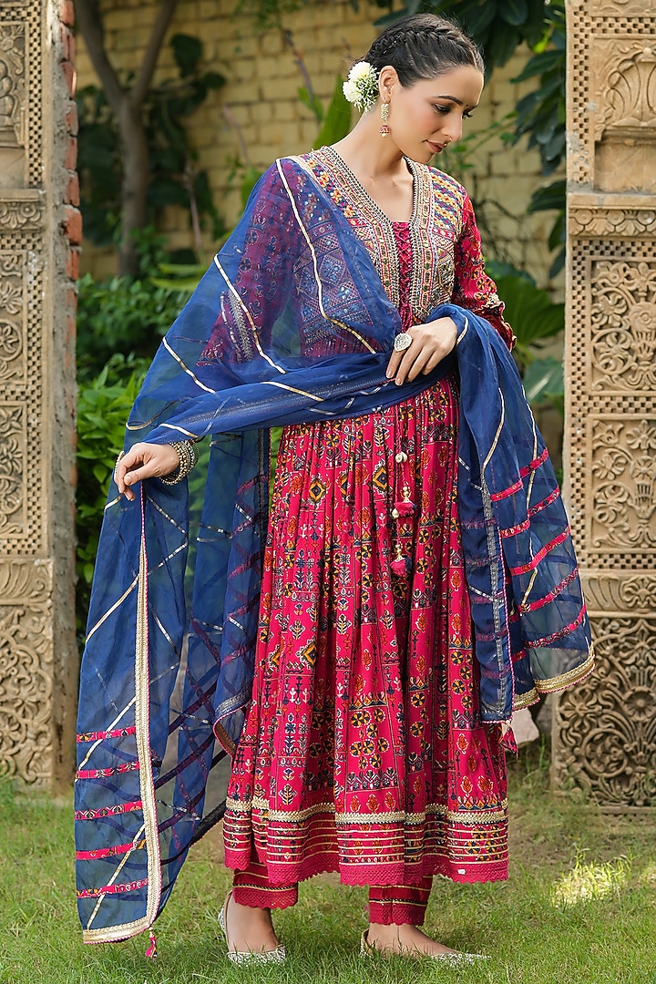Magenta Muslin Printed & Embroidered Anarkali Set by Bairaas at Pernia's Pop Up Shop