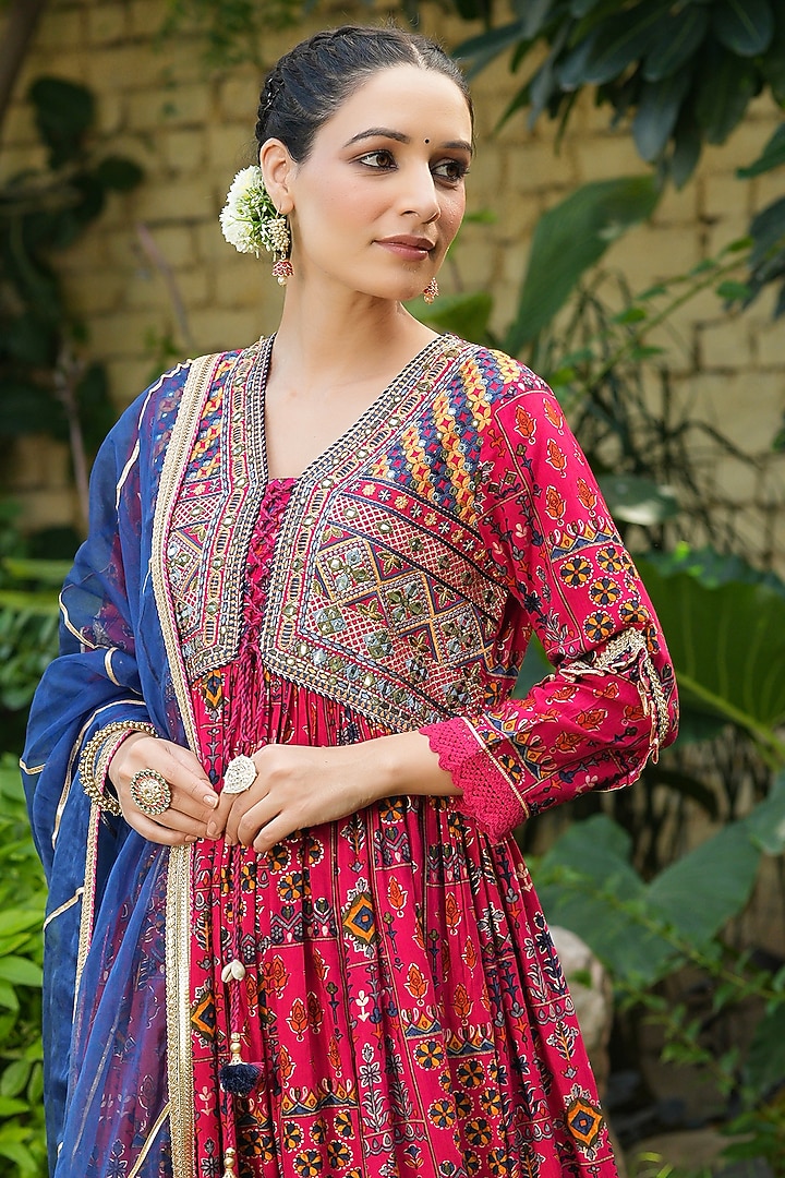 Magenta Muslin Printed & Embroidered Anarkali Set by Bairaas at Pernia's Pop Up Shop