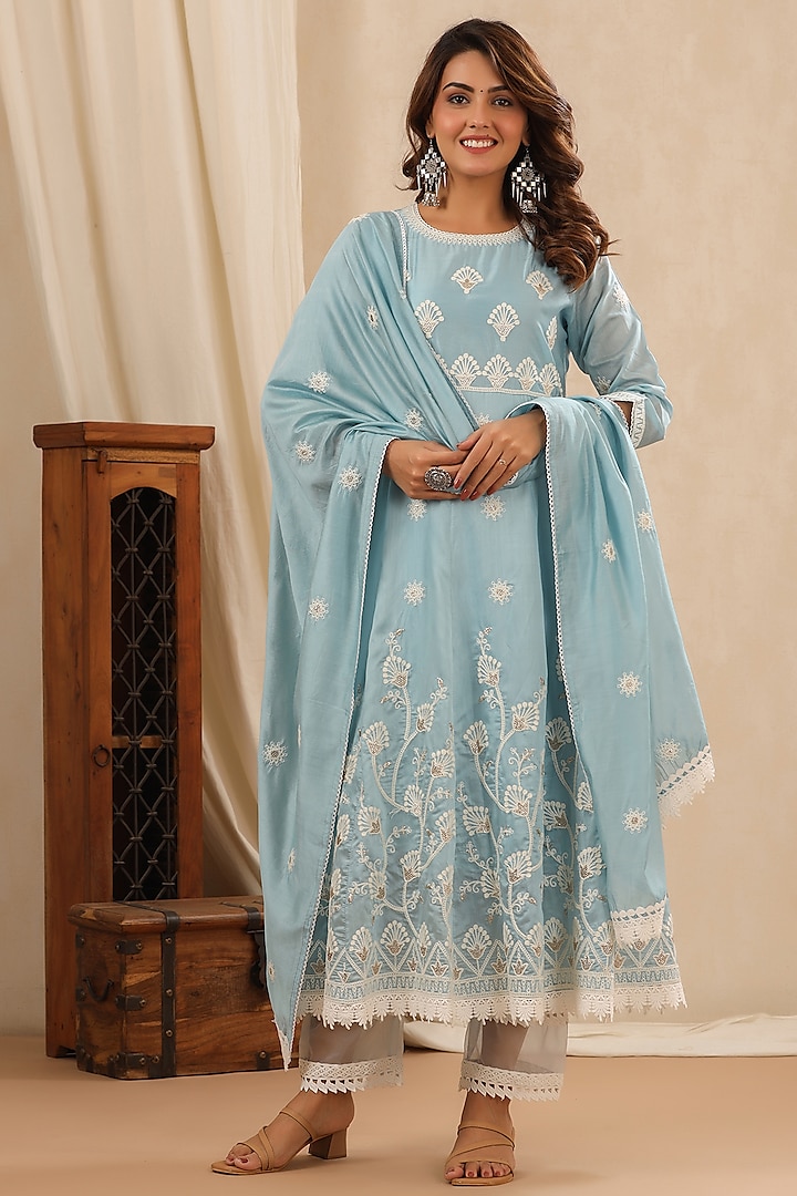 Turquoise Chanderi Embroidered Anarkali Set by Bairaas