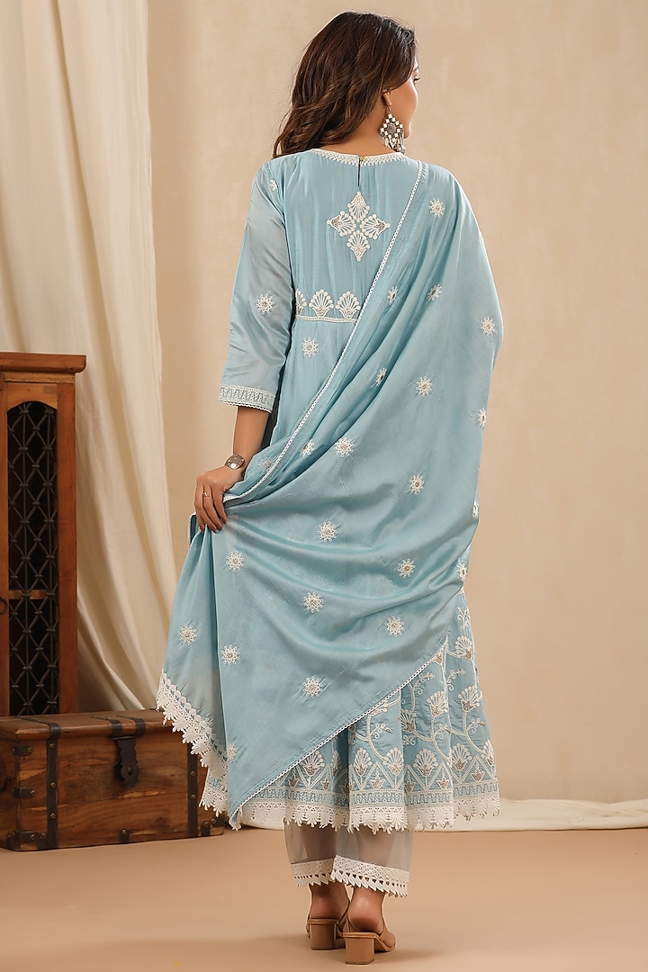 Turquoise Chanderi Embroidered Anarkali Set by Bairaas at Pernia's Pop Up Shop