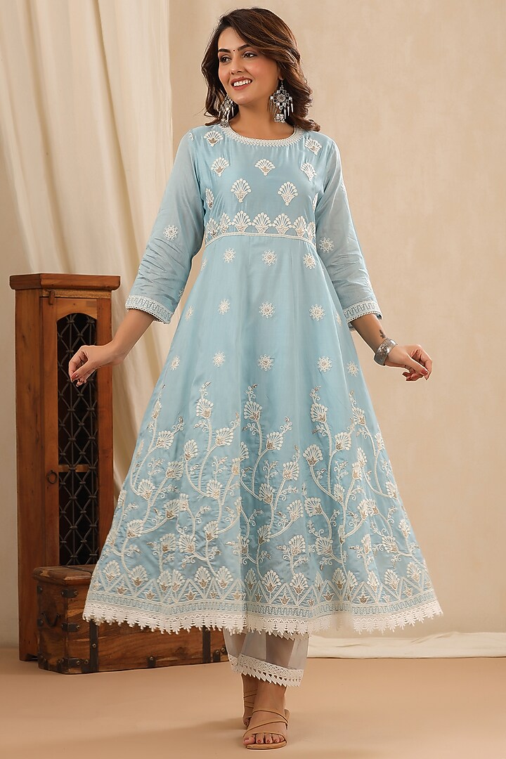 Turquoise Chanderi Embroidered Anarkali Set by Bairaas at Pernia's Pop Up Shop