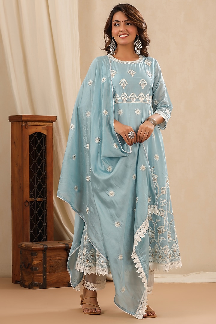 Turquoise Chanderi Embroidered Anarkali Set by Bairaas at Pernia's Pop Up Shop