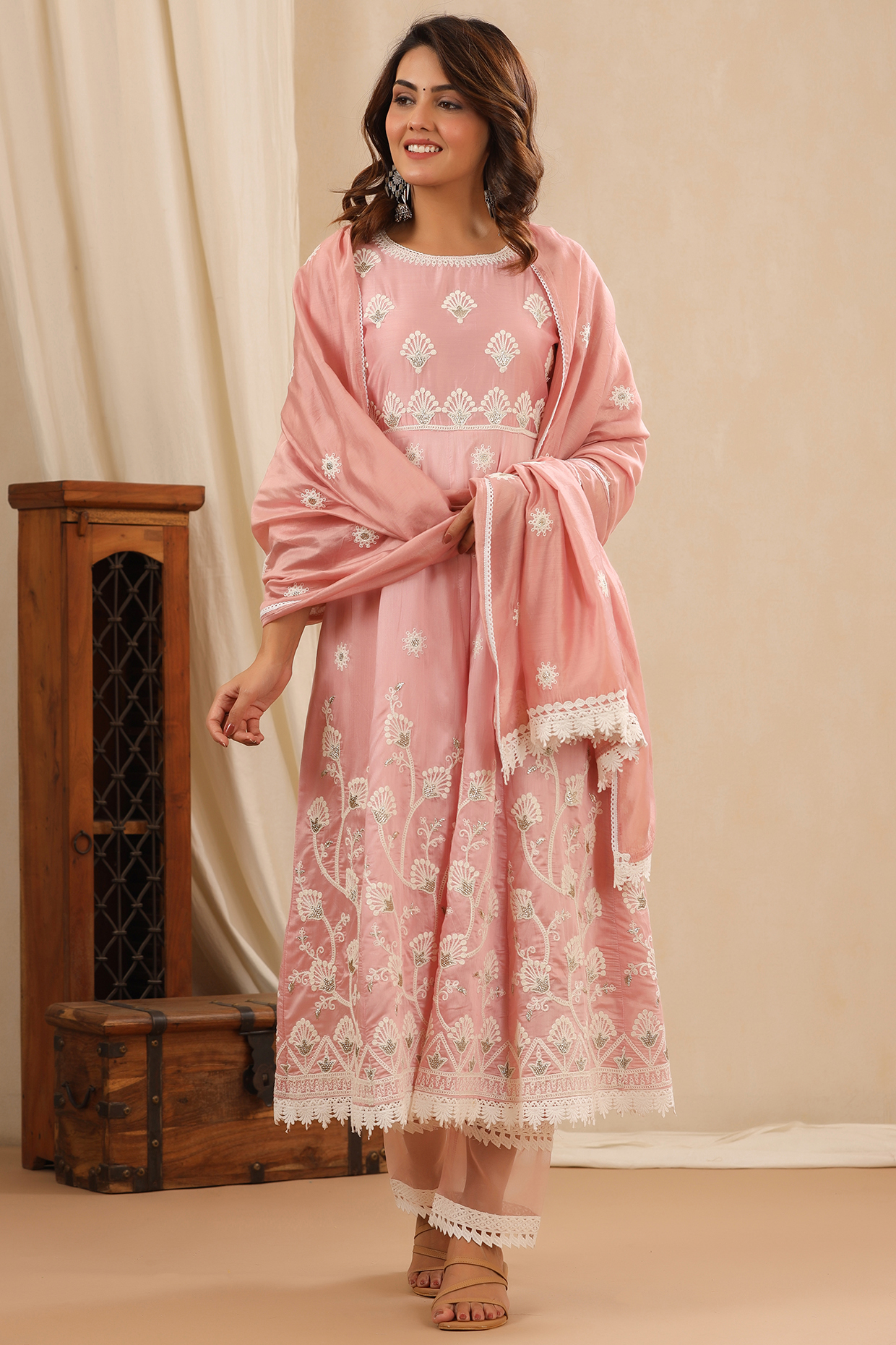 Peach Chanderi Embroidered Anarkali Set by Bairaas at Pernia's Pop Up Shop