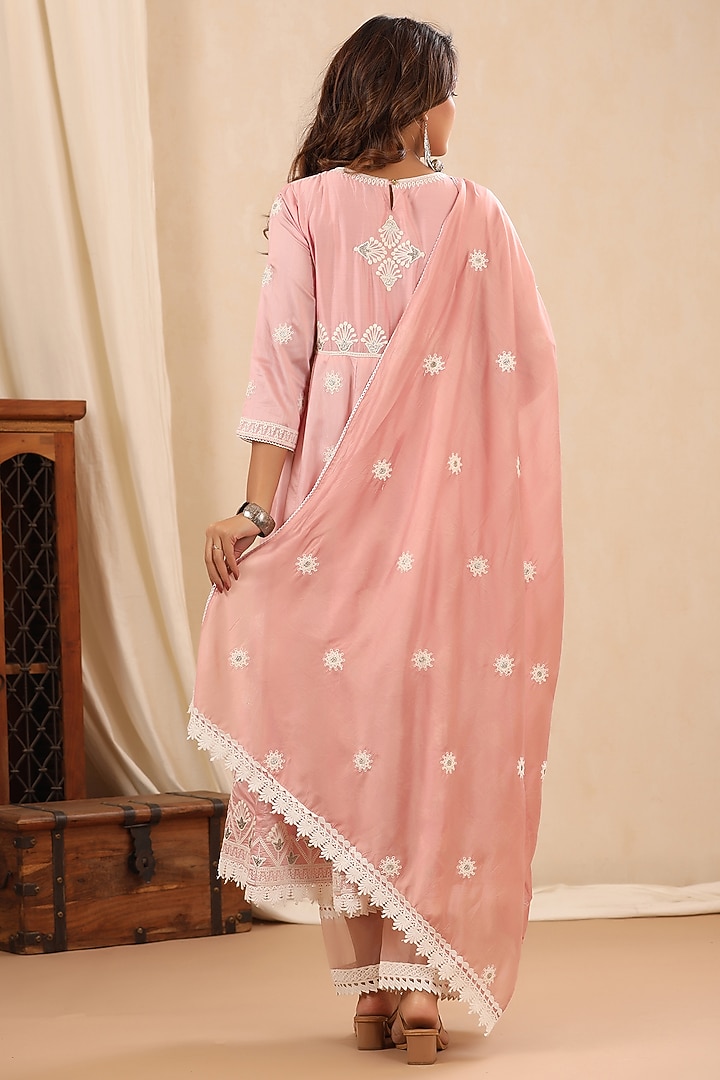 Peach Chanderi Embroidered Anarkali Set by Bairaas at Pernia's Pop Up Shop