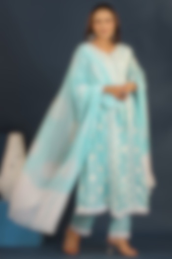 Turquoise Chanderi Chikankari Kurta Set by Bairaas at Pernia's Pop Up Shop