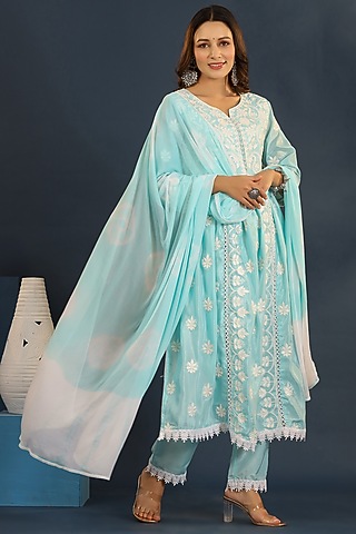 Turquoise Chanderi Chikankari Kurta Set by Bairaas