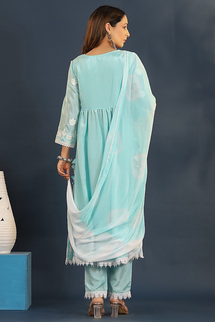 Turquoise Chanderi Chikankari Kurta Set by Bairaas at Pernia's Pop Up Shop