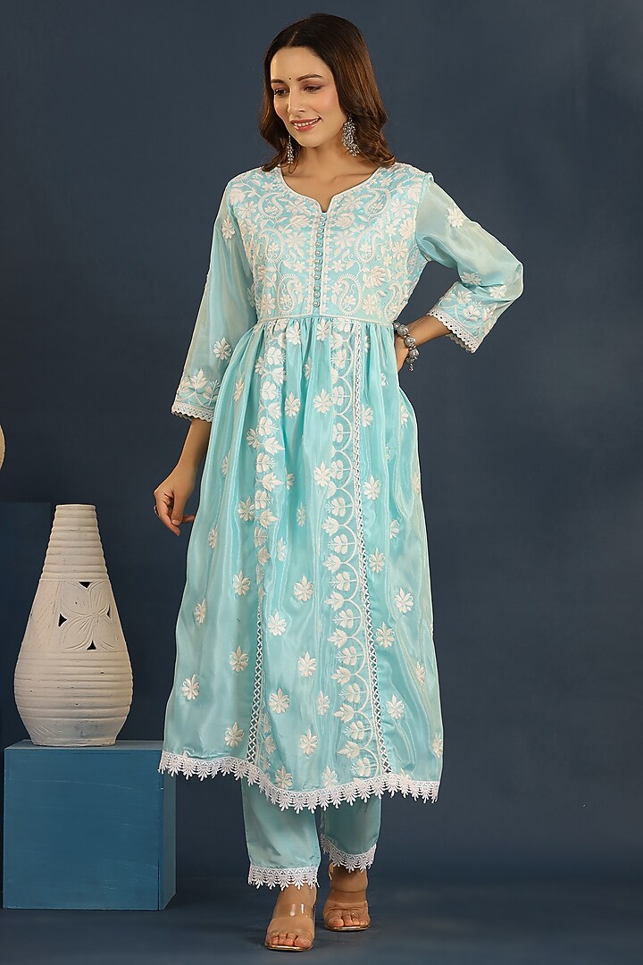 Turquoise Chanderi Chikankari Kurta Set by Bairaas at Pernia's Pop Up Shop