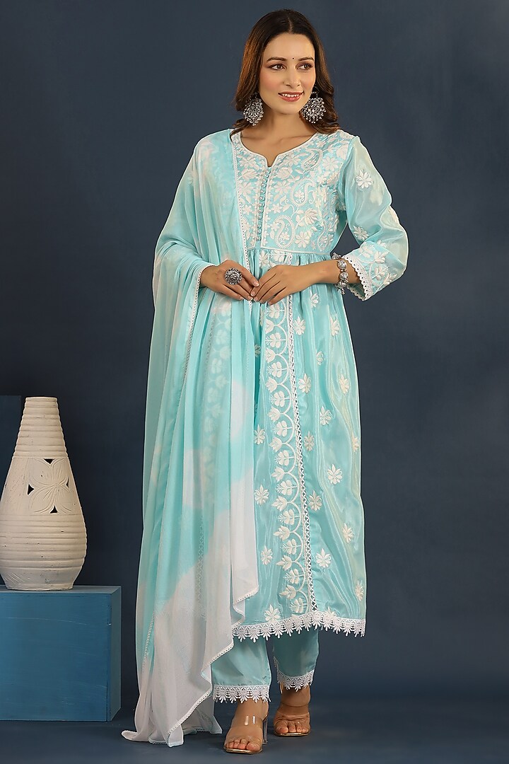 Turquoise Chanderi Chikankari Kurta Set by Bairaas at Pernia's Pop Up Shop