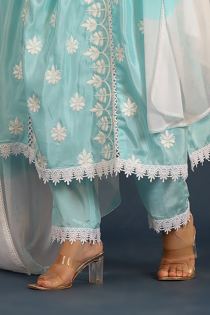 Turquoise Chanderi Chikankari Kurta Set by Bairaas at Pernia's Pop Up Shop