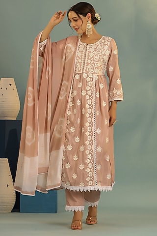 Peach Chanderi Chikankari Kurta Set by Bairaas