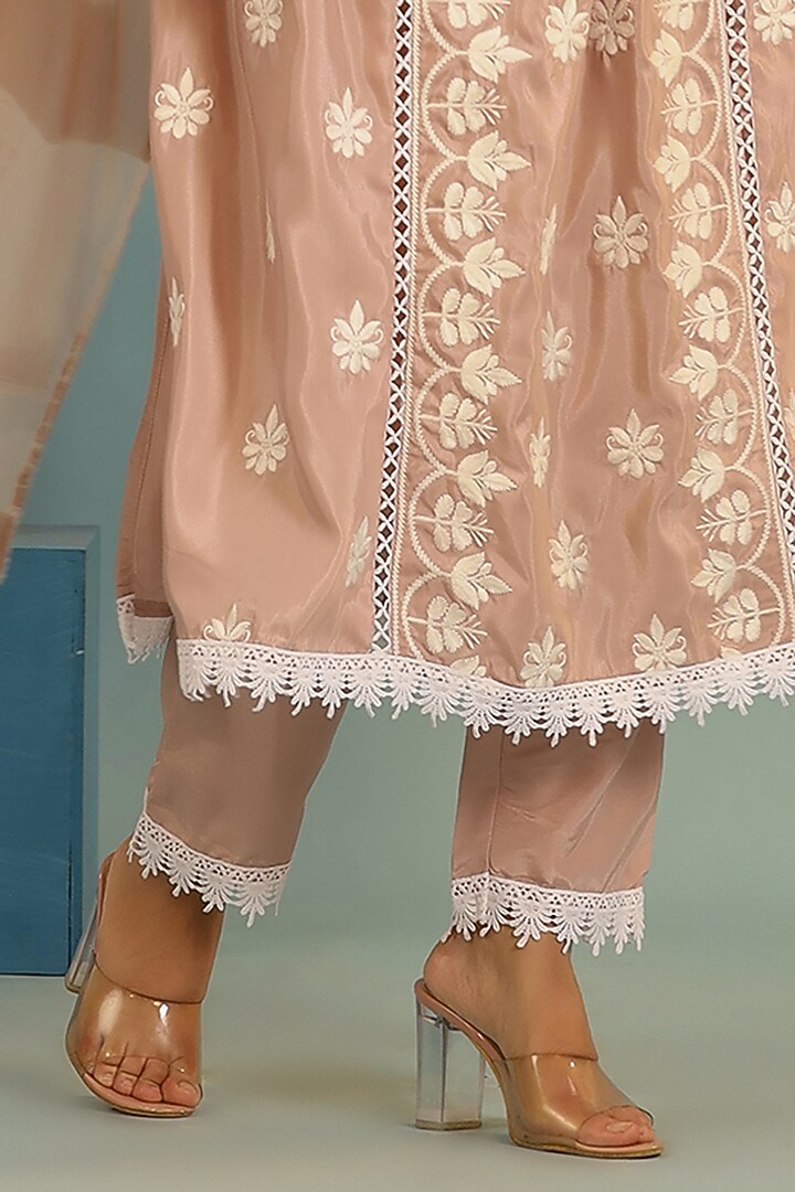 Peach Chanderi Chikankari Kurta Set by Bairaas at Pernia's Pop Up Shop