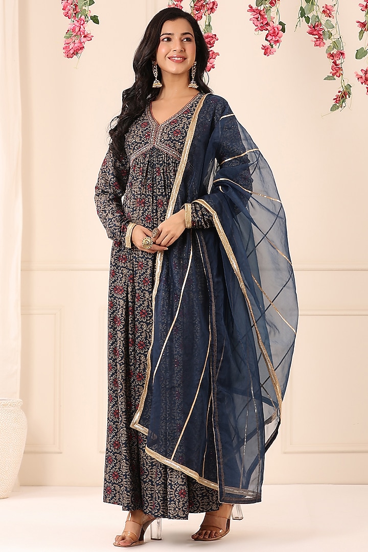 Blue Muslin Printed Gown With Dupatta by Bairaas