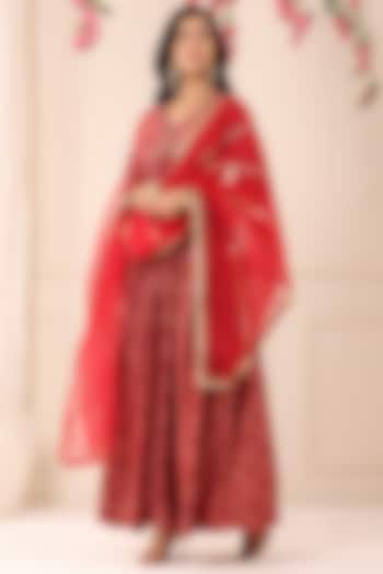 Red Muslin Printed Gown With Dupatta by Bairaas