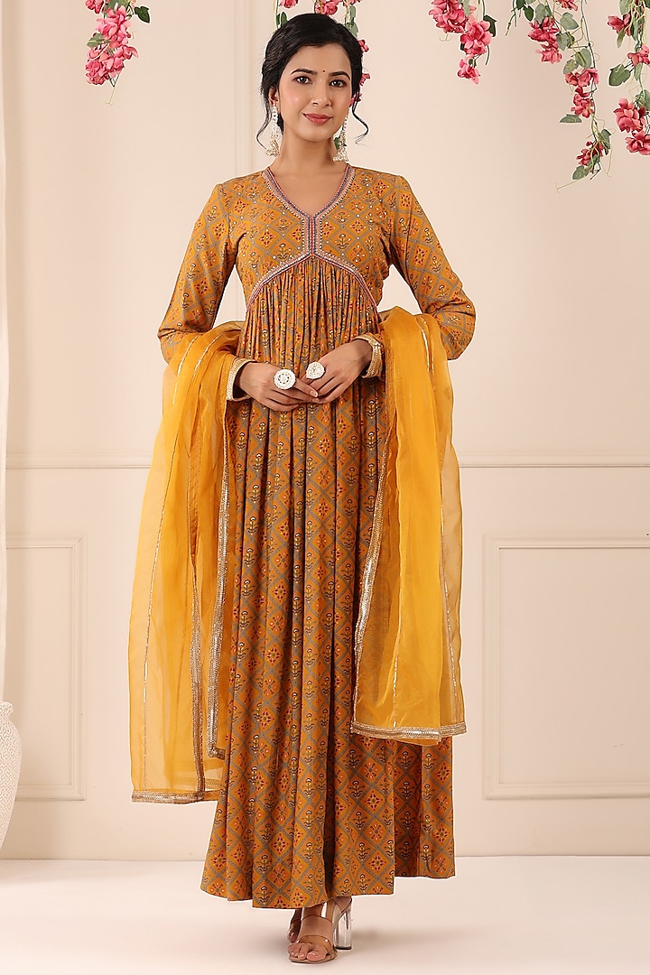 Mustard Muslin Printed Gown With Dupatta by Bairaas
