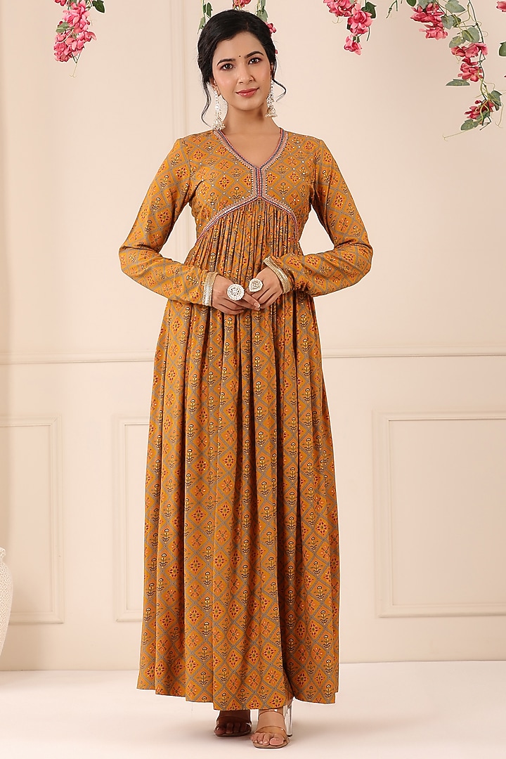 Mustard Muslin Printed Gown With Dupatta by Bairaas at Pernia's Pop Up Shop