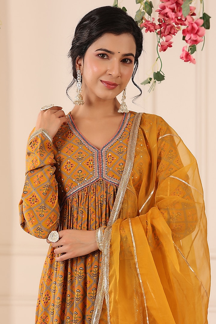 Mustard Muslin Printed Gown With Dupatta by Bairaas at Pernia's Pop Up Shop