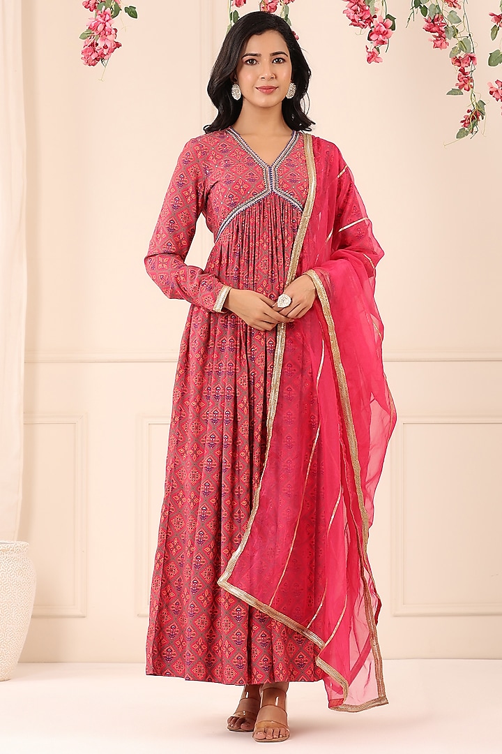 Magenta Muslin Printed Gown With Dupatta by Bairaas
