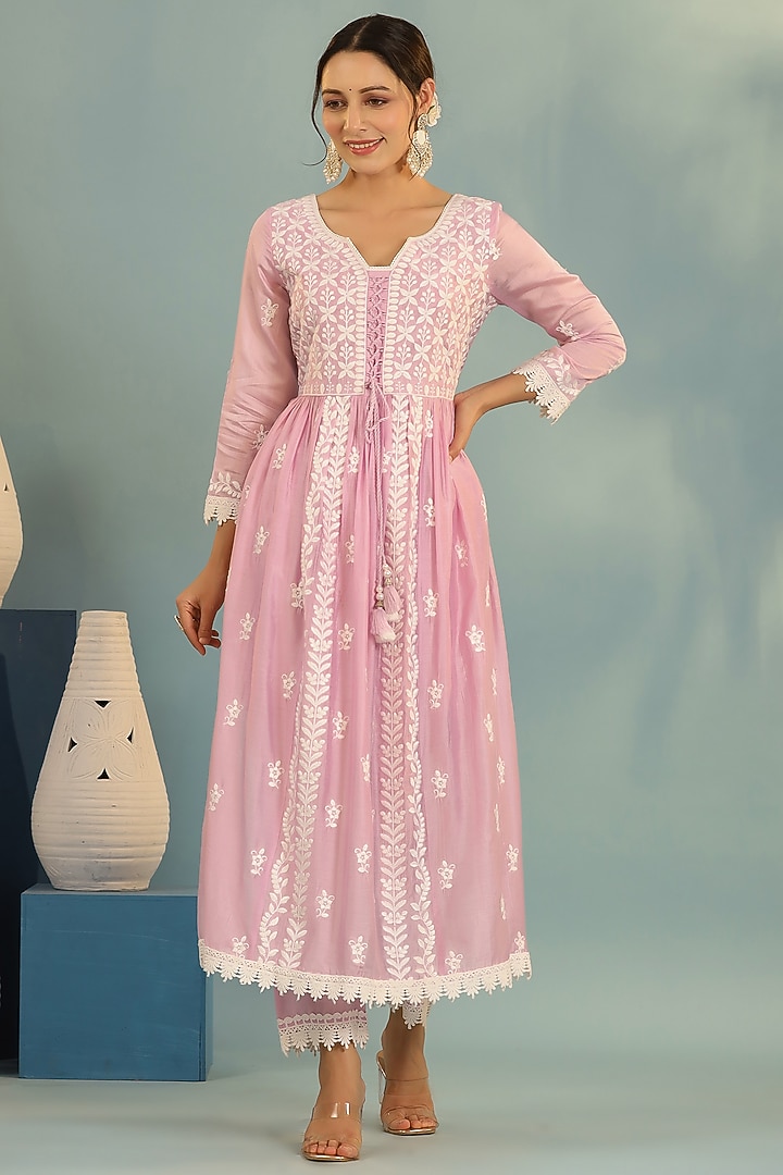 Lavender Chanderi Chikankari Kurta Set by Bairaas at Pernia's Pop Up Shop