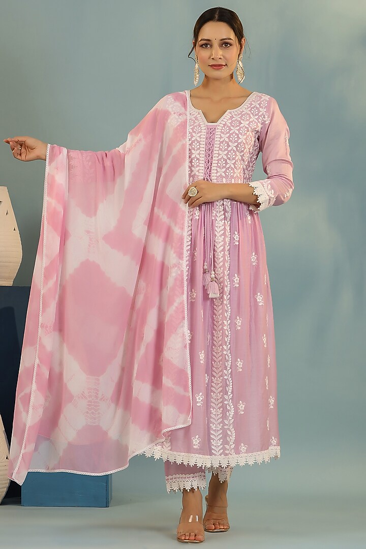Lavender Chanderi Chikankari Kurta Set by Bairaas at Pernia's Pop Up Shop