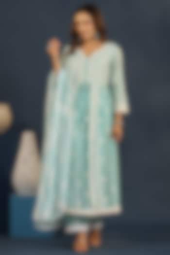 Misty Teal Chanderi Chikankari Kurta Set by Bairaas at Pernia's Pop Up Shop
