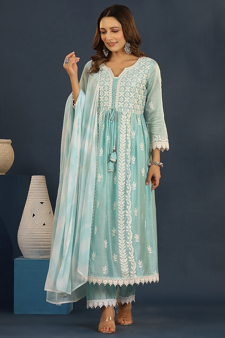 Misty Teal Chanderi Chikankari Kurta Set by Bairaas at Pernia's Pop Up Shop