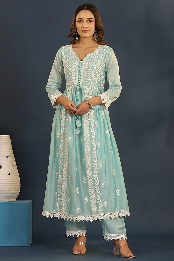 Misty Teal Chanderi Chikankari Kurta Set by Bairaas at Pernia's Pop Up Shop