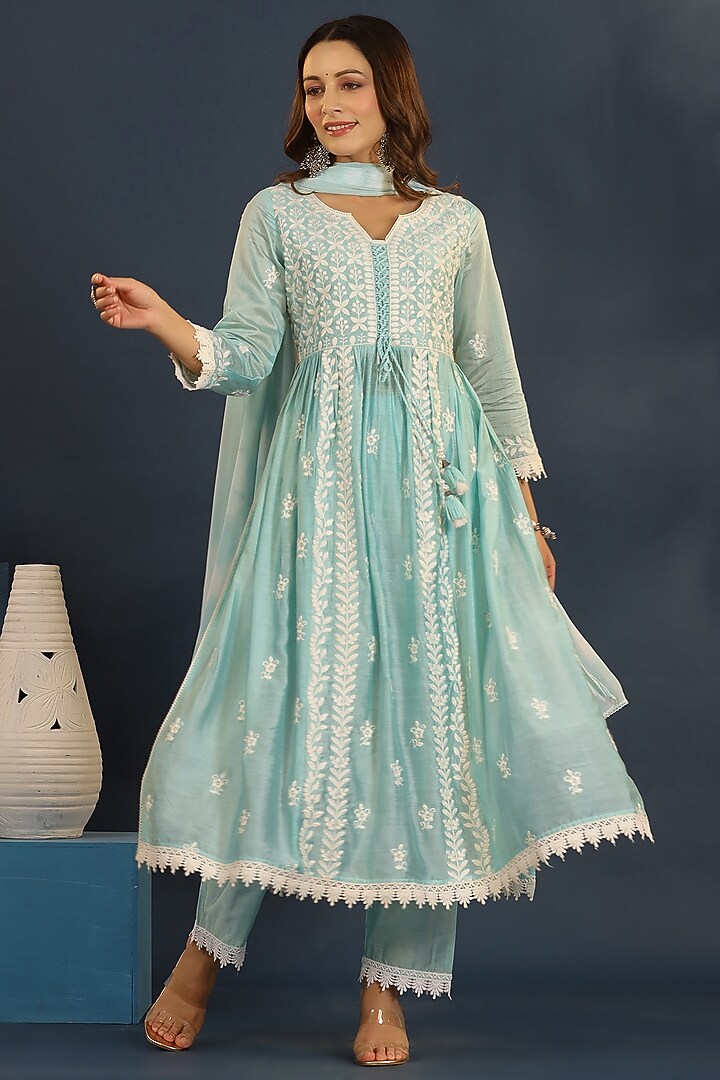 Misty Teal Chanderi Chikankari Kurta Set by Bairaas at Pernia's Pop Up Shop