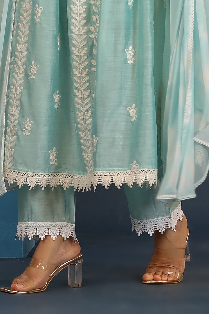 Misty Teal Chanderi Chikankari Kurta Set by Bairaas at Pernia's Pop Up Shop
