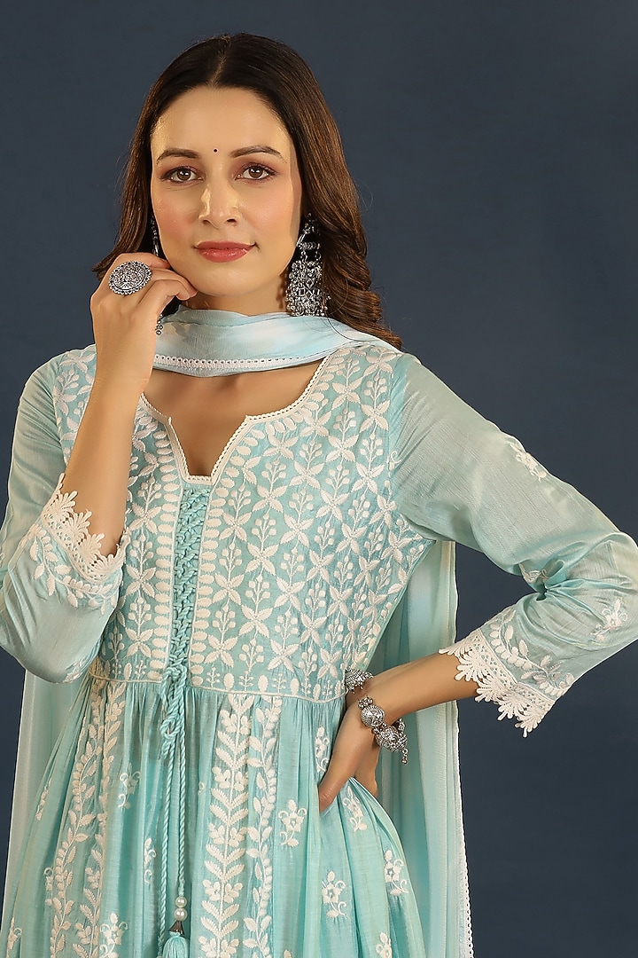 Misty Teal Chanderi Chikankari Kurta Set by Bairaas at Pernia's Pop Up Shop