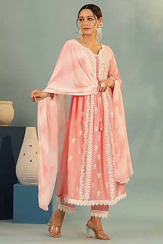 Pink Chanderi Chikankari Kurta Set by Bairaas