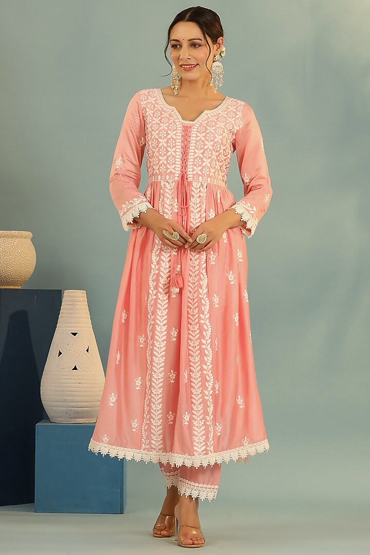 Pink Chanderi Chikankari Kurta Set by Bairaas at Pernia's Pop Up Shop