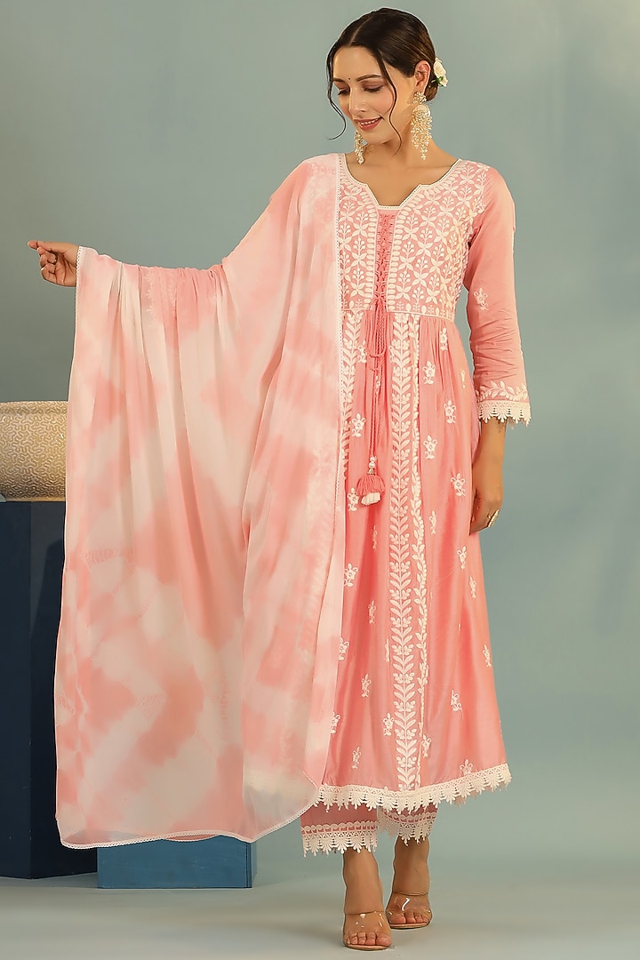 Pink Chanderi Chikankari Kurta Set by Bairaas at Pernia's Pop Up Shop