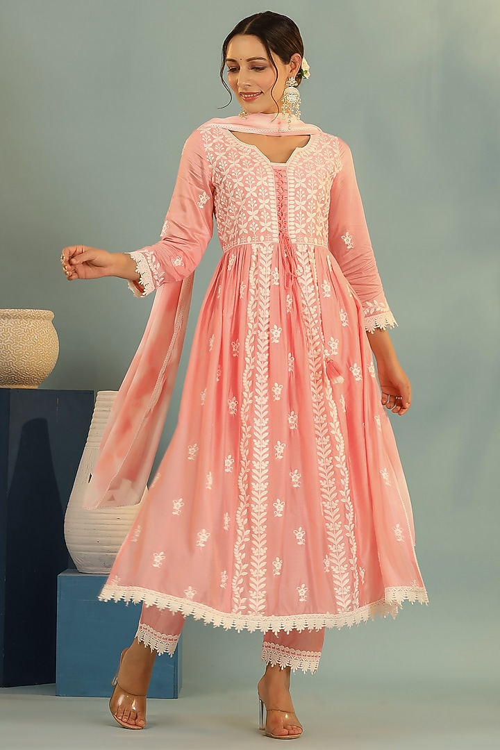 Pink Chanderi Chikankari Kurta Set by Bairaas at Pernia's Pop Up Shop