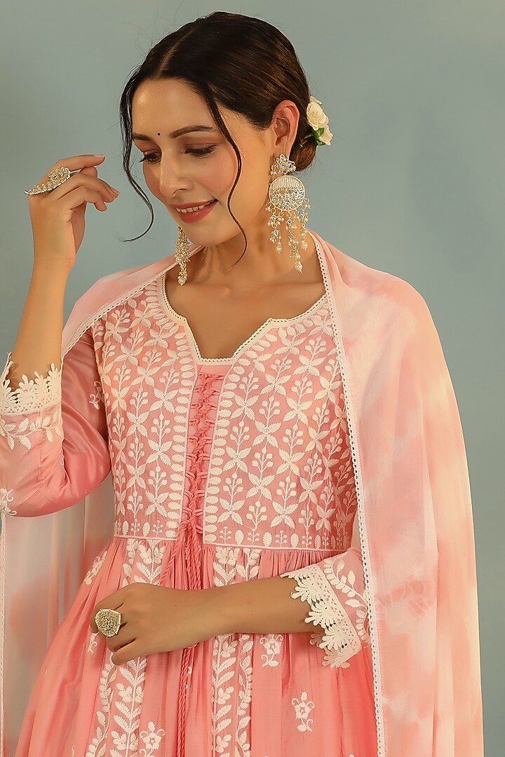 Pink Chanderi Chikankari Kurta Set by Bairaas at Pernia's Pop Up Shop
