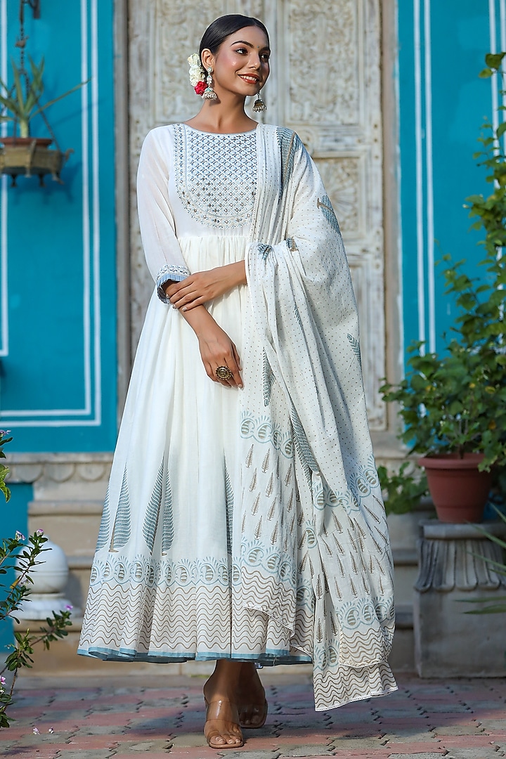 White & Blue Embroidered Anarkali Set by Bairaas at Pernia's Pop Up Shop