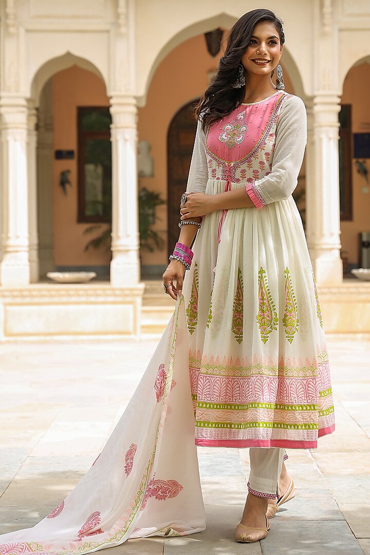Green & Pink Printed Anarkali Set by Bairaas