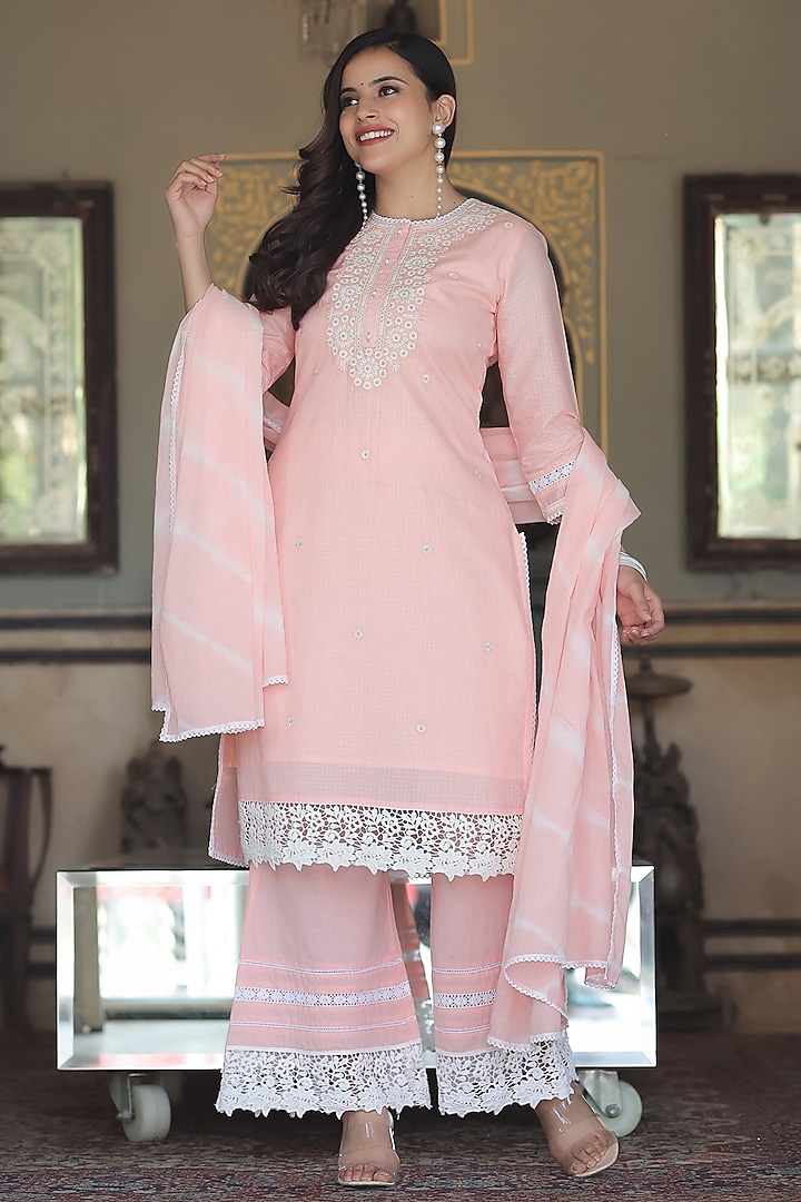 Peach Embroidered Kurta Set by Bairaas