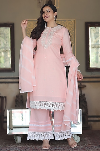 Peach Embroidered Kurta Set by Bairaas