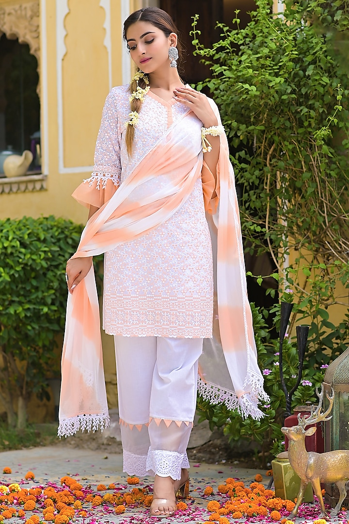 Peach Cotton Embroidered Kurta Set by Bairaas at Pernia's Pop Up Shop