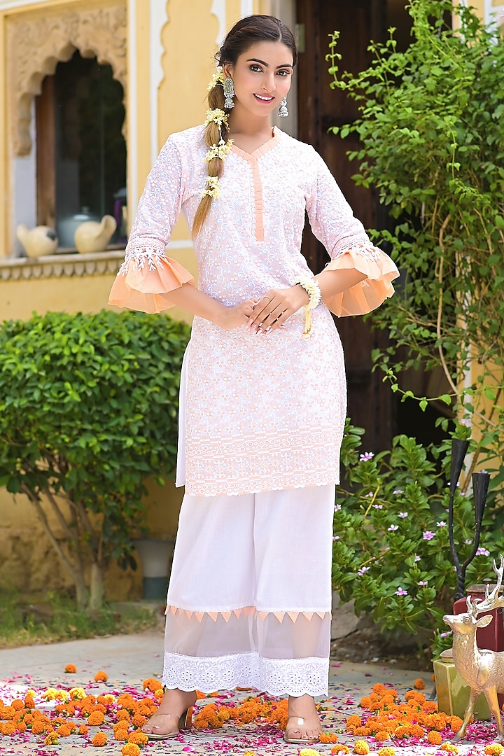 Peach Cotton Embroidered Kurta Set by Bairaas at Pernia's Pop Up Shop